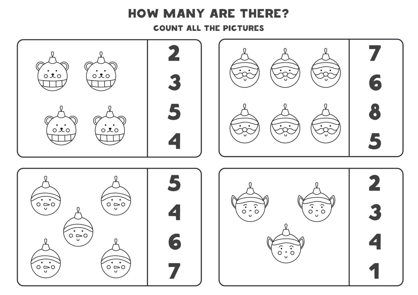 Counting game with Christmas baubles. Educational worksheet. vector