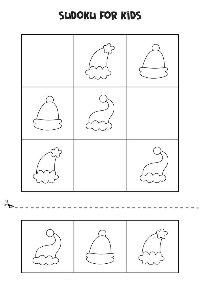 Sudoku game for kids with black and white Santa hats. vector