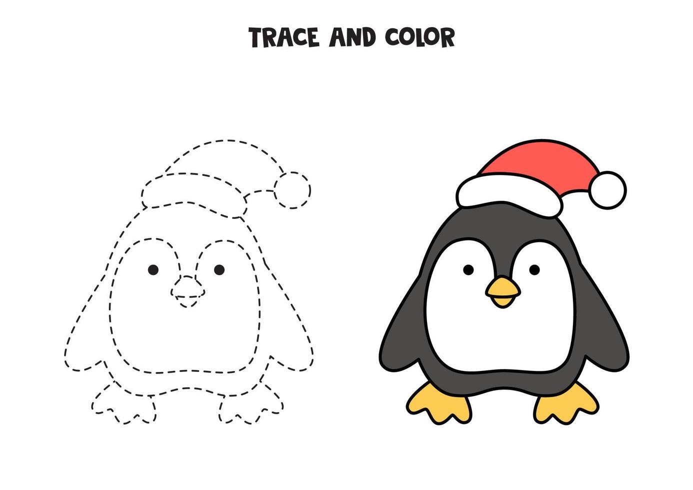 trazar y colorear lindo pingüino. hoja de trabajo para niños. vector