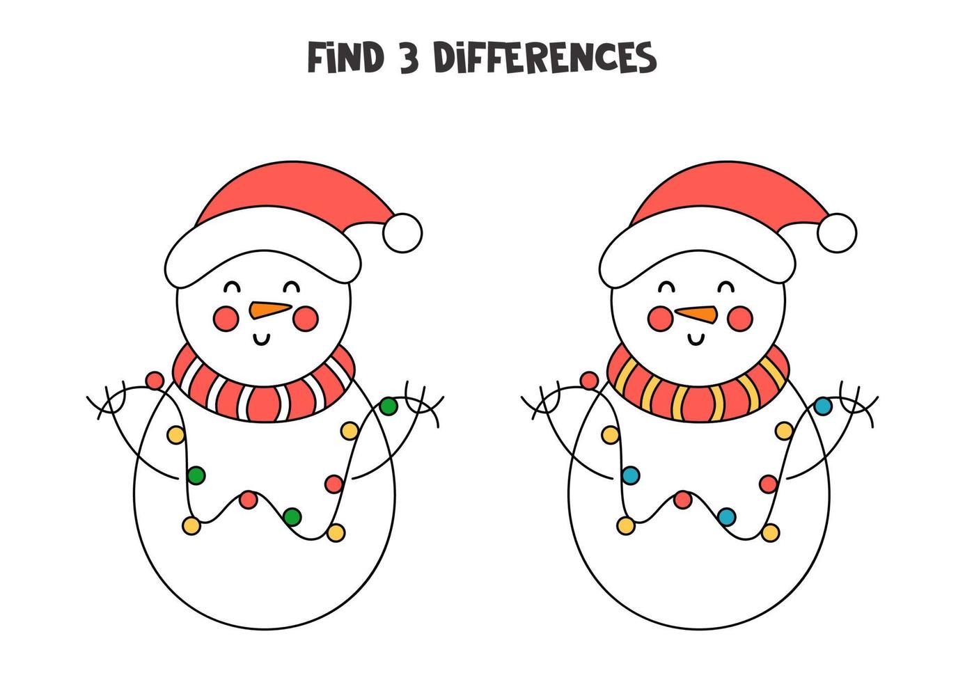 Find 3 differences between two cartoon snowmen. vector