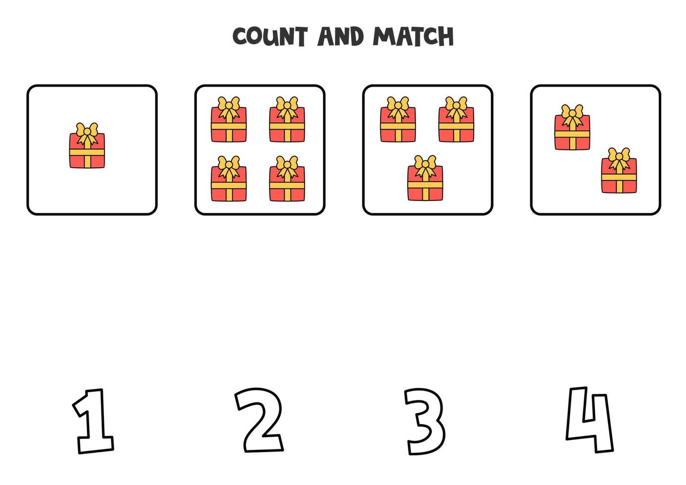 Counting game with Christmas presents. Math worksheet. vector