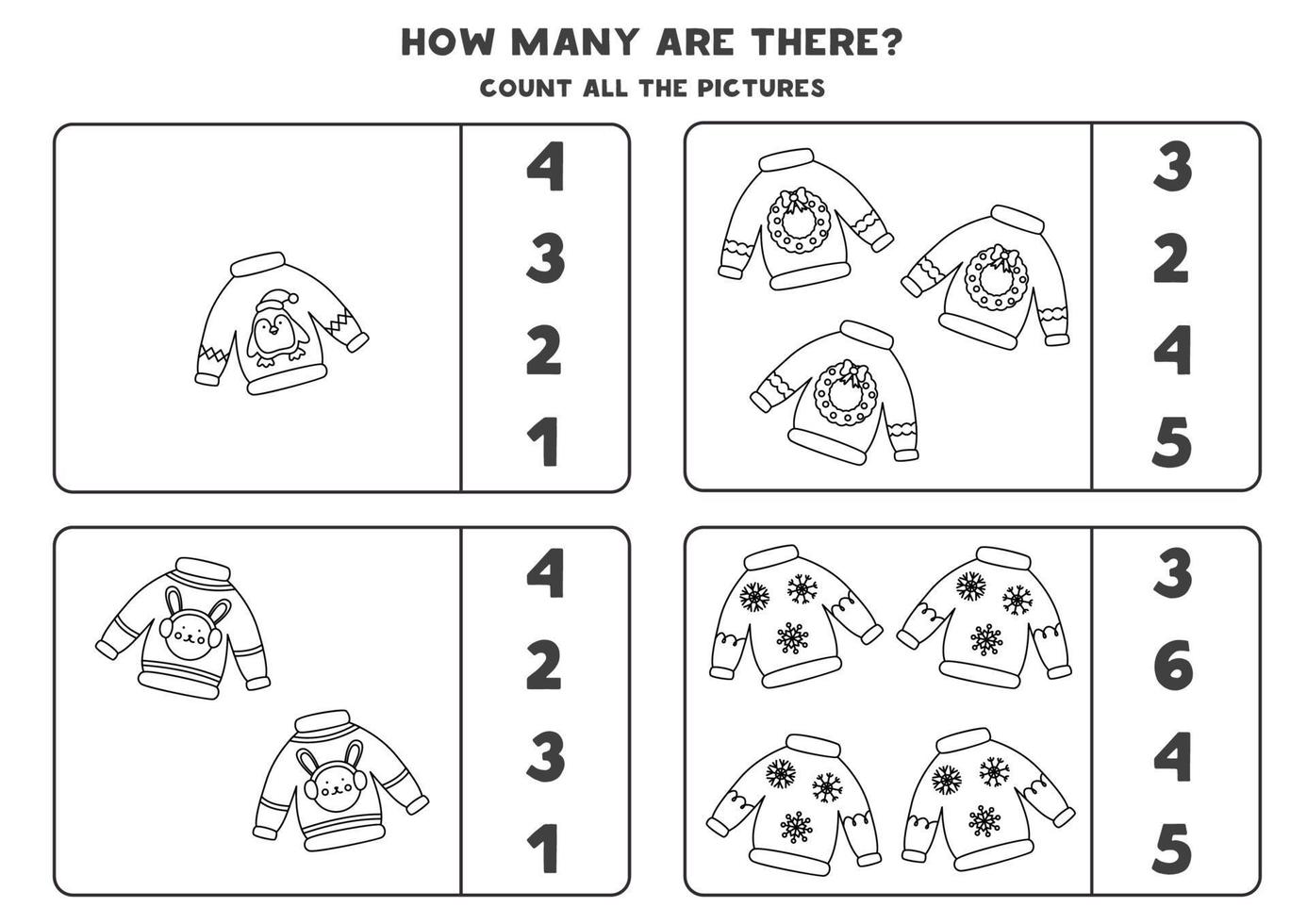 Counting game with Christmas sweaters. Educational worksheet. vector