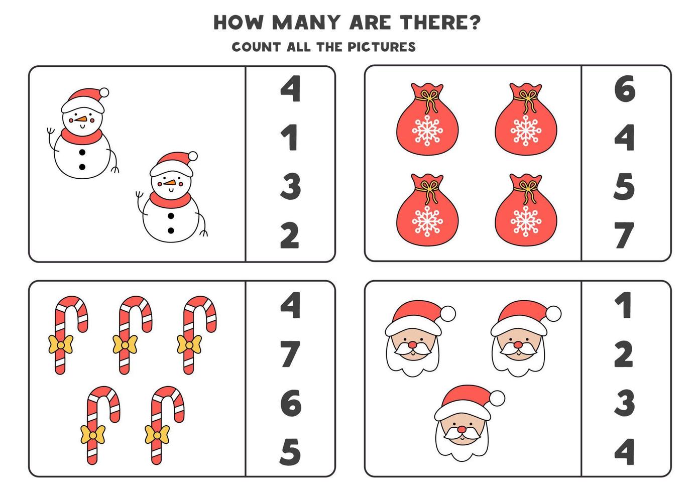 Counting game with Christmas elements. Educational worksheet. vector