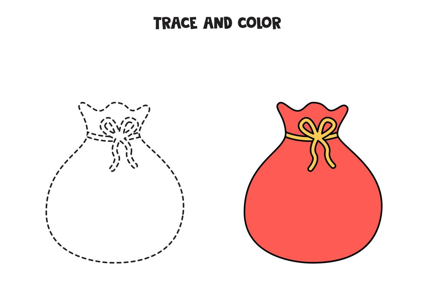 Trace and color cute Santa bag. Worksheet for kids. vector