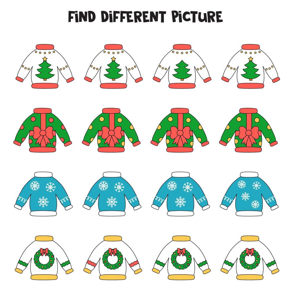 Find Christmas sweater which is different from others. Worksheet for kids. vector