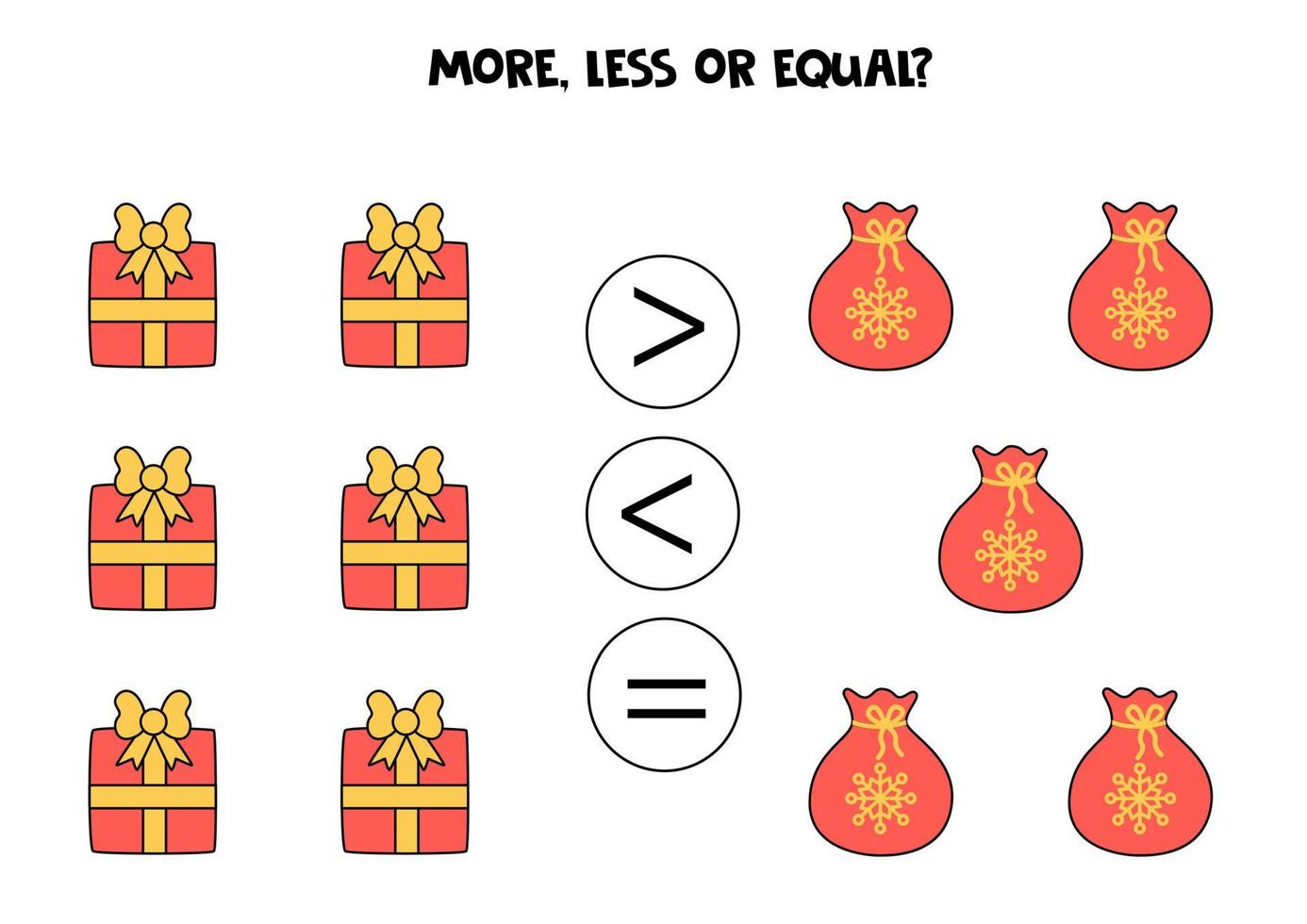 More, less, equal with Christmas bags and presents. Math comparison. vector