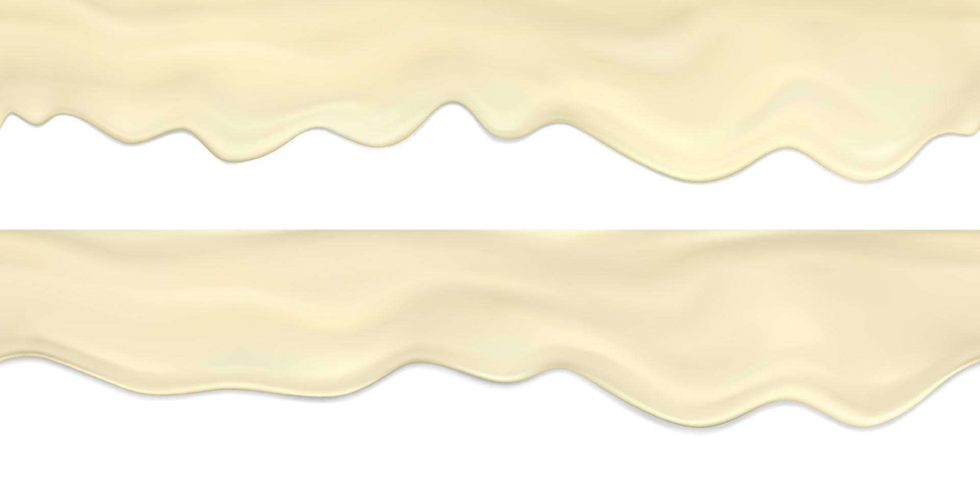 Vector set seamless border of realistic flowing down waves and drops of mayonnaise.Realistic vector collection dripping cream or sauce seamless horizontal texture.Texture for packaging design