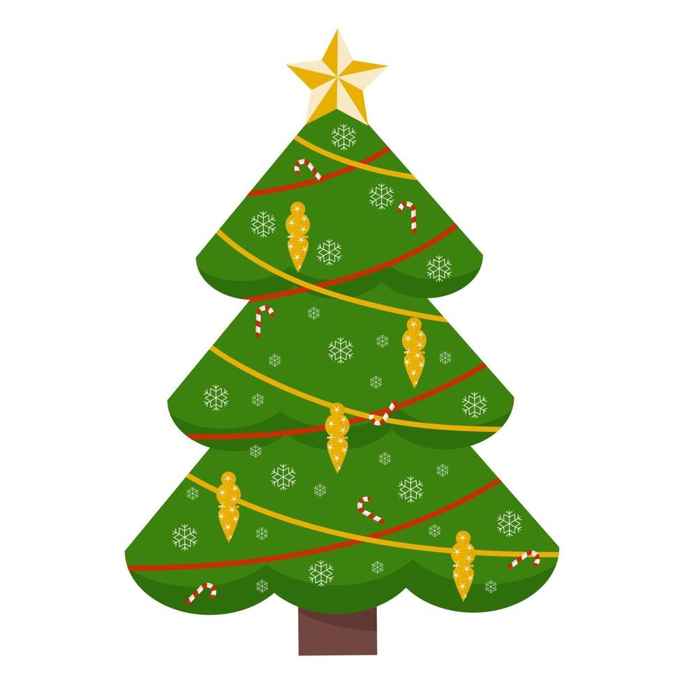 Christmas tree with Christmas star, balloons and garland. Green spruce or pine tree decorated with Christmas toys. Vector design flat style.