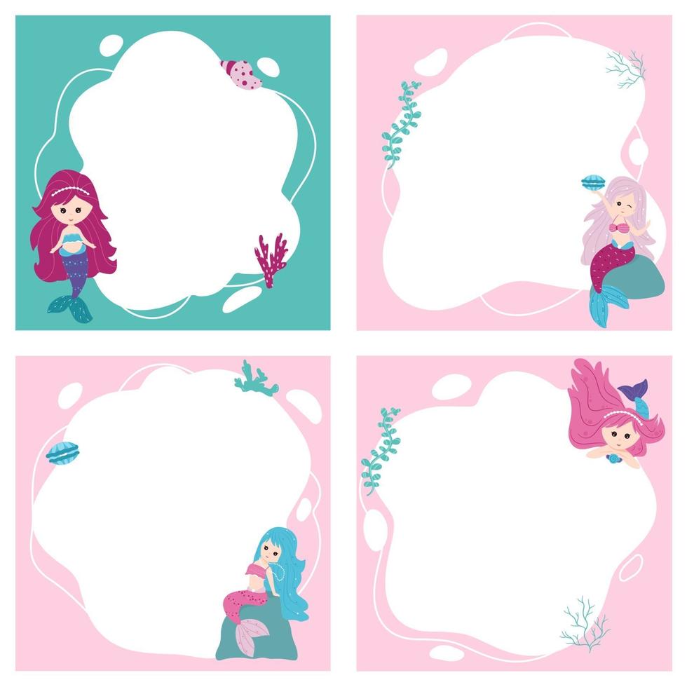 Little mermaids. Vector frames in the form of spot in cartoon style.