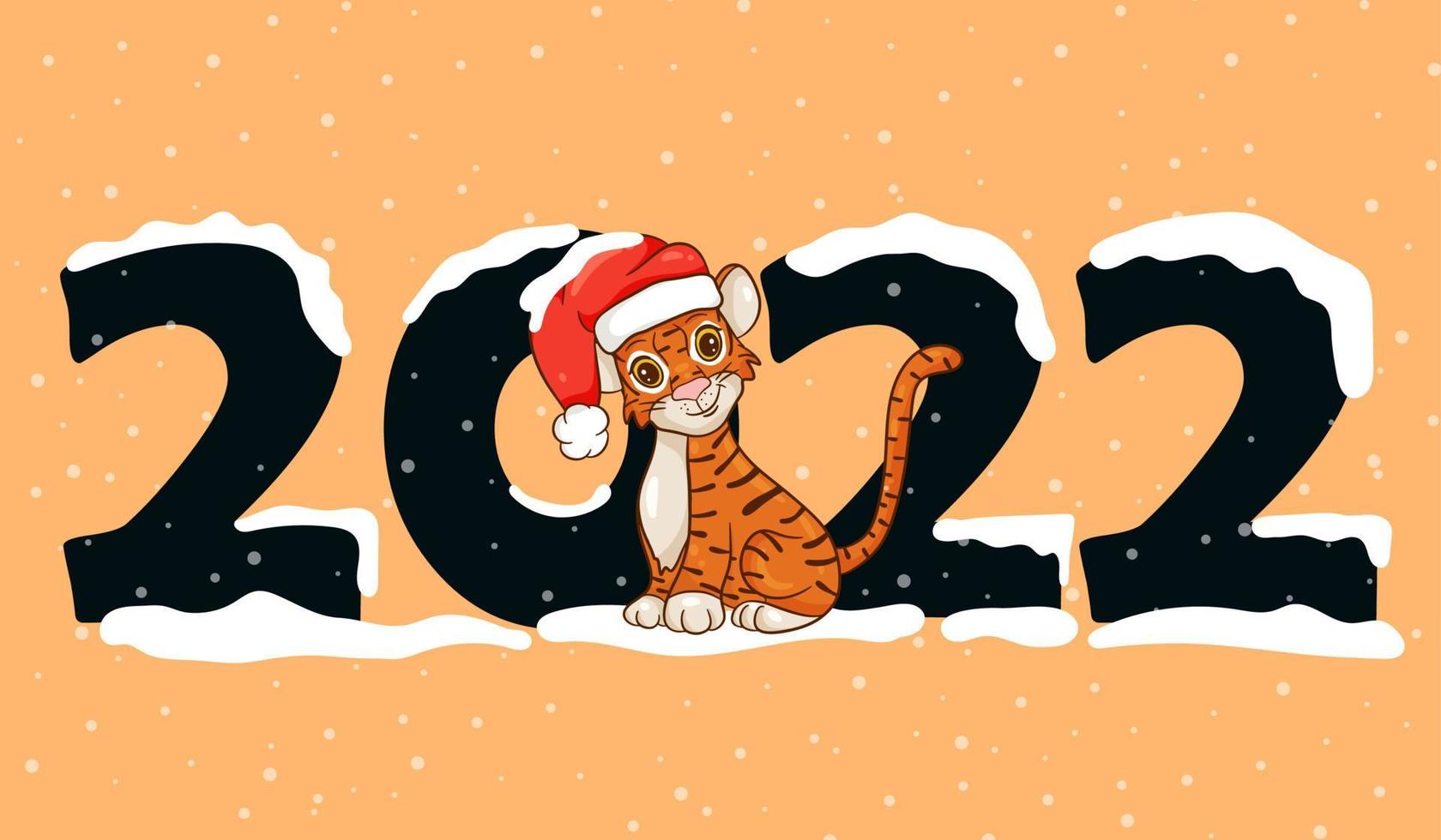 Happy New Year 2022 text design with cartoon style with tigers. The symbol of the year according to the Chinese calendar. Design brochure, template, postcard, banner. Vector illustration.