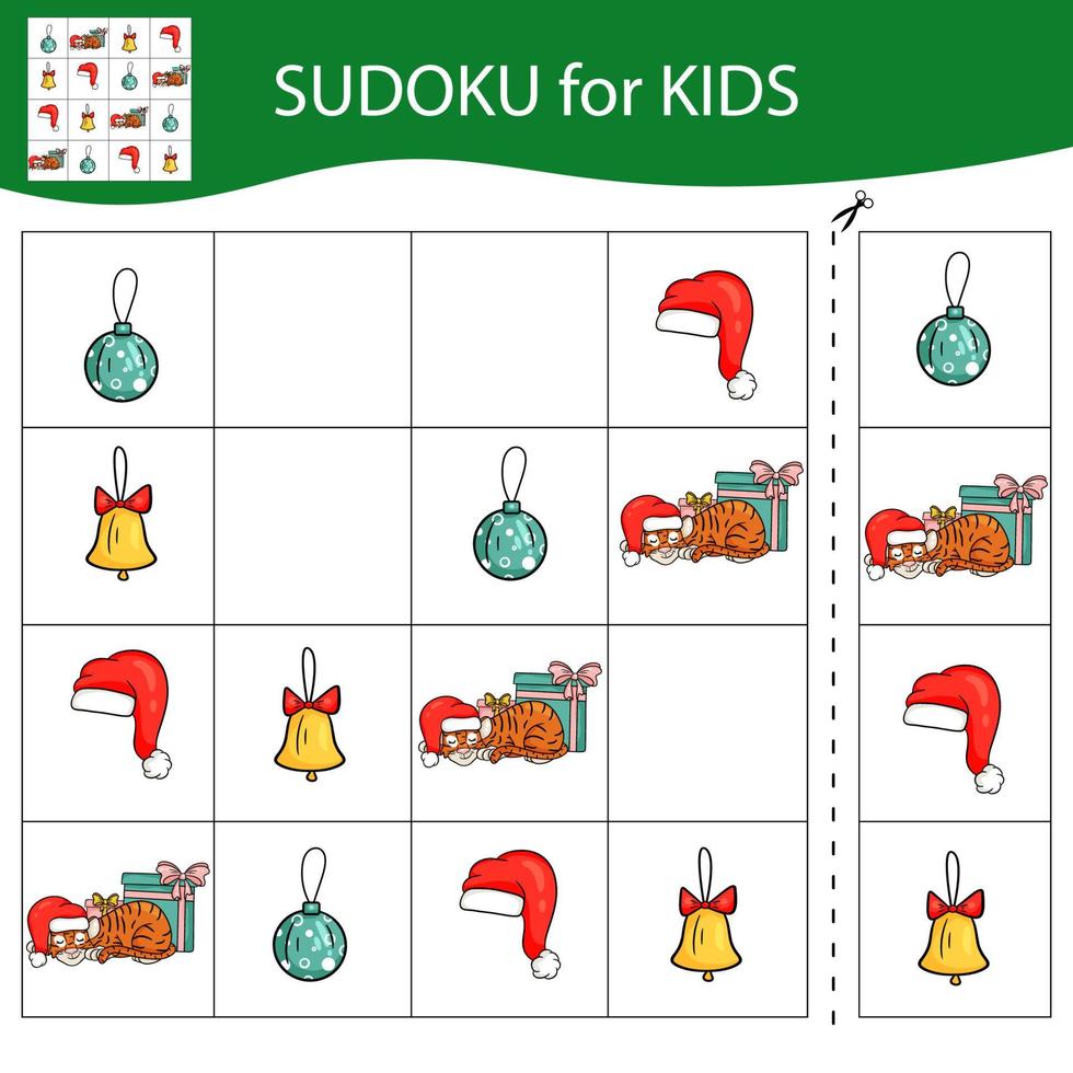 Sudoku game for kids with pictures. Merry Christmas and Happy New Year. The tiger is a symbol of the Chinese New Year with Christmas elements. Vector. vector