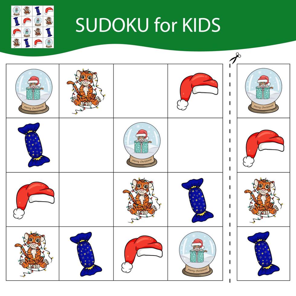 Sudoku game for kids with pictures. Merry Christmas and Happy New Year. The tiger is a symbol of the Chinese New Year with Christmas elements. Vector. vector