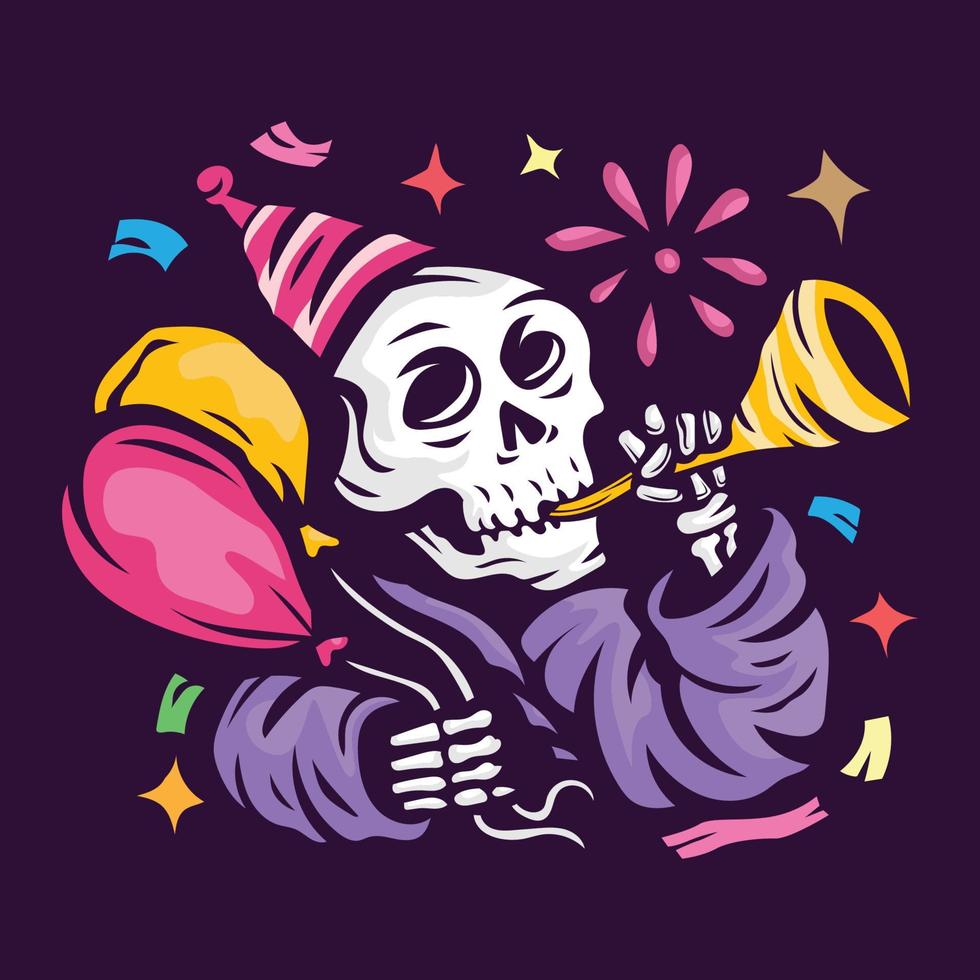 skull blow the trumpet and holding balloon. celebrate happy new year vector