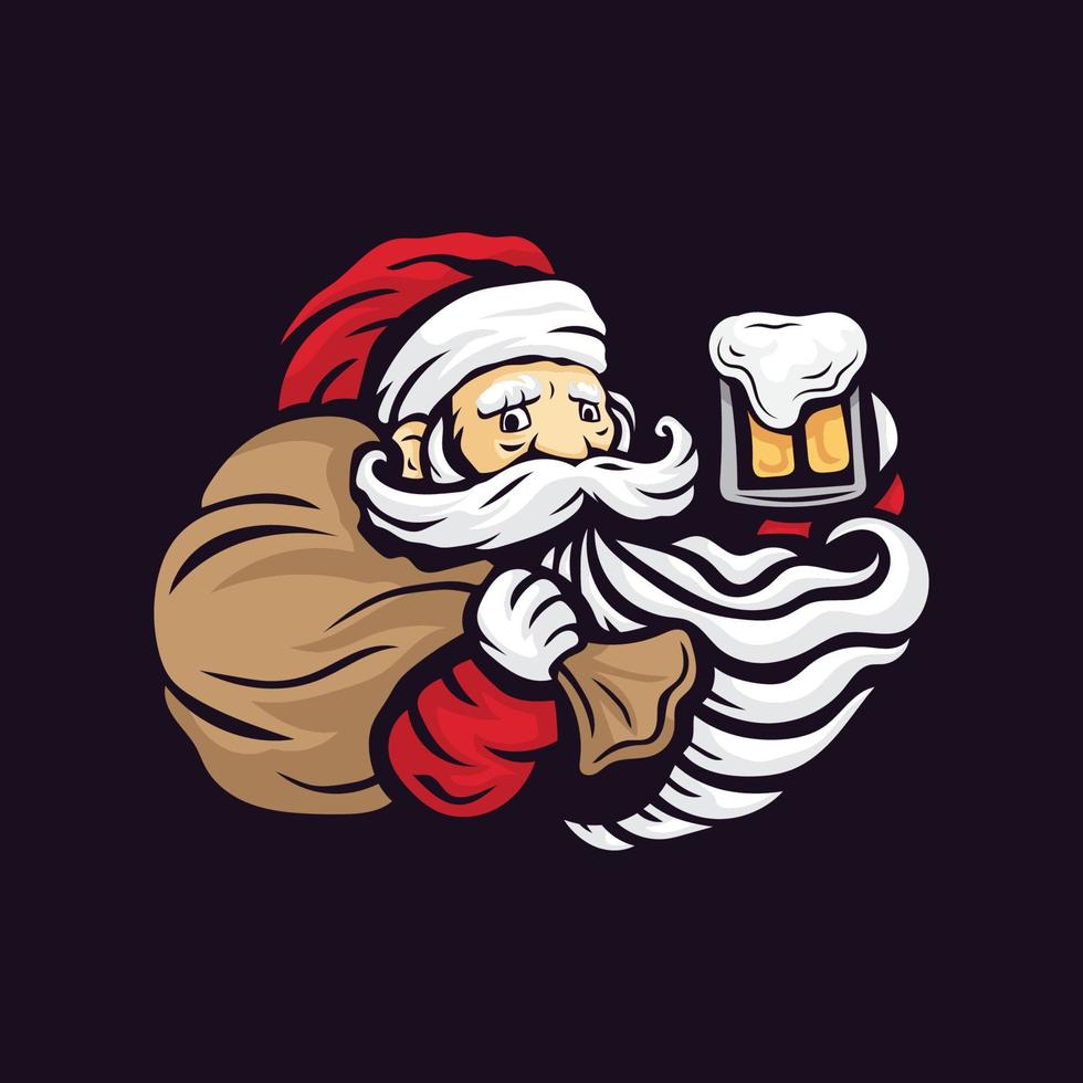 santa claus sosteniendo una cerveza y un saco de regalo ilustración vectorial. celebrar año nuevo y feliz navidad vector