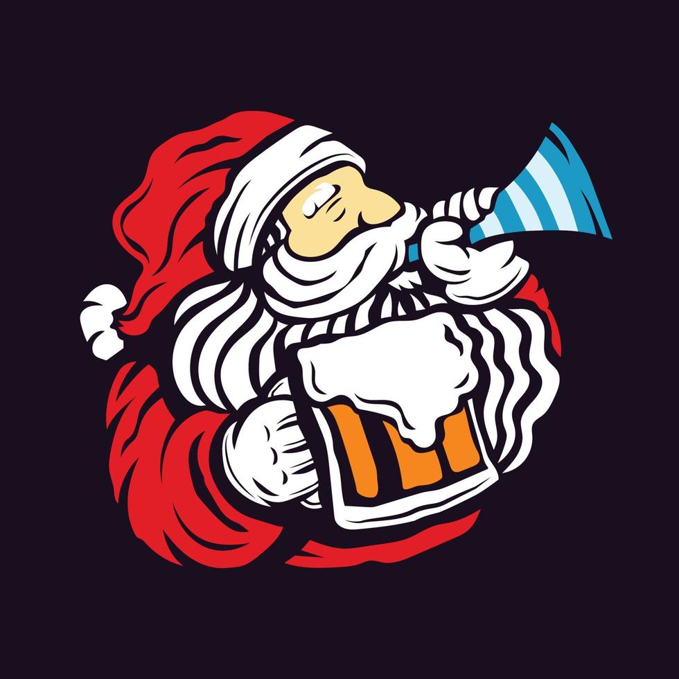 santa claus bebiendo cerveza y soplando una trompeta ilustración vectorial. celebrar año nuevo y feliz navidad vector