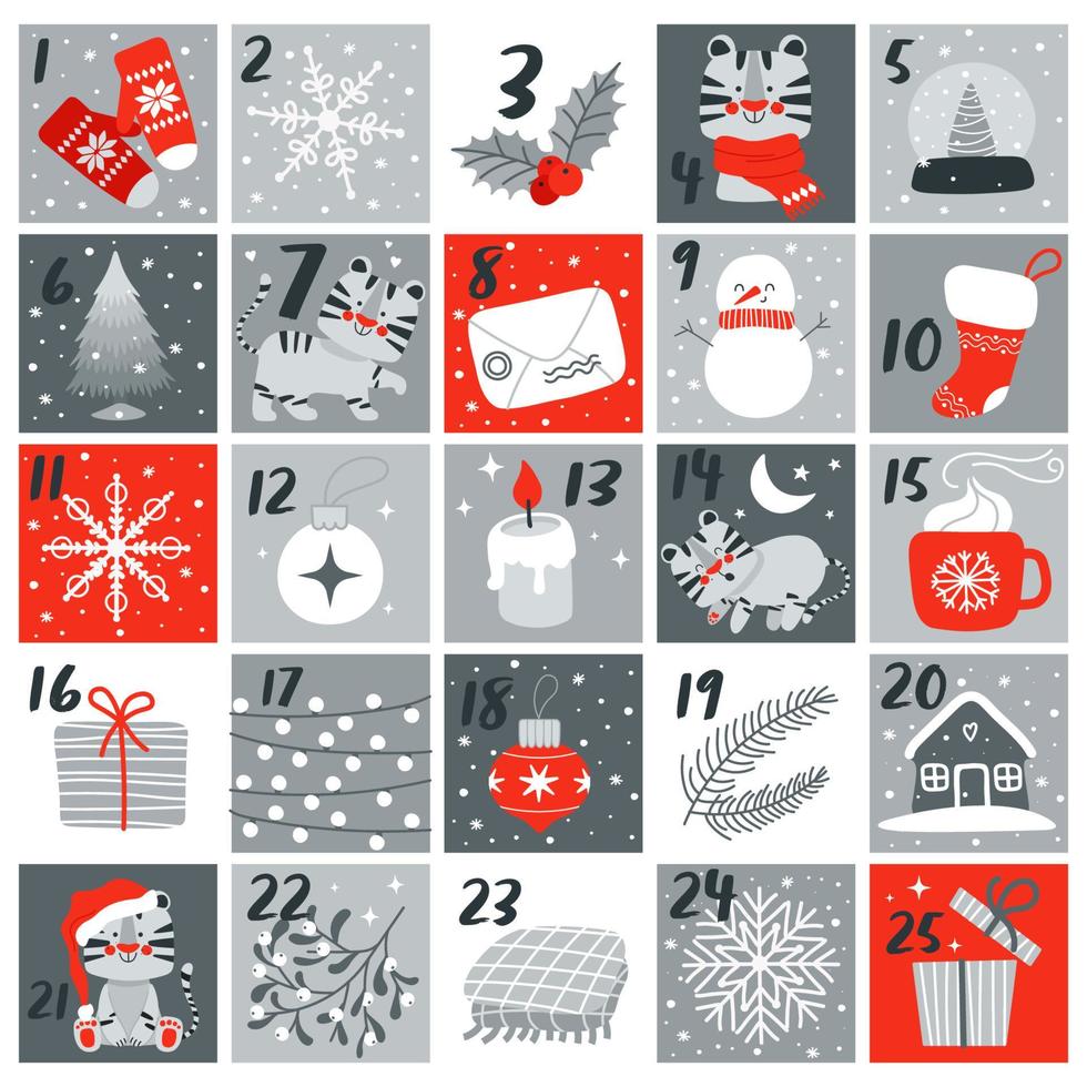 Advent calendar with cute white tiger, symbol of 2022 year and other Christmas element. Vector illustration in hand drawn scandinavian childish style