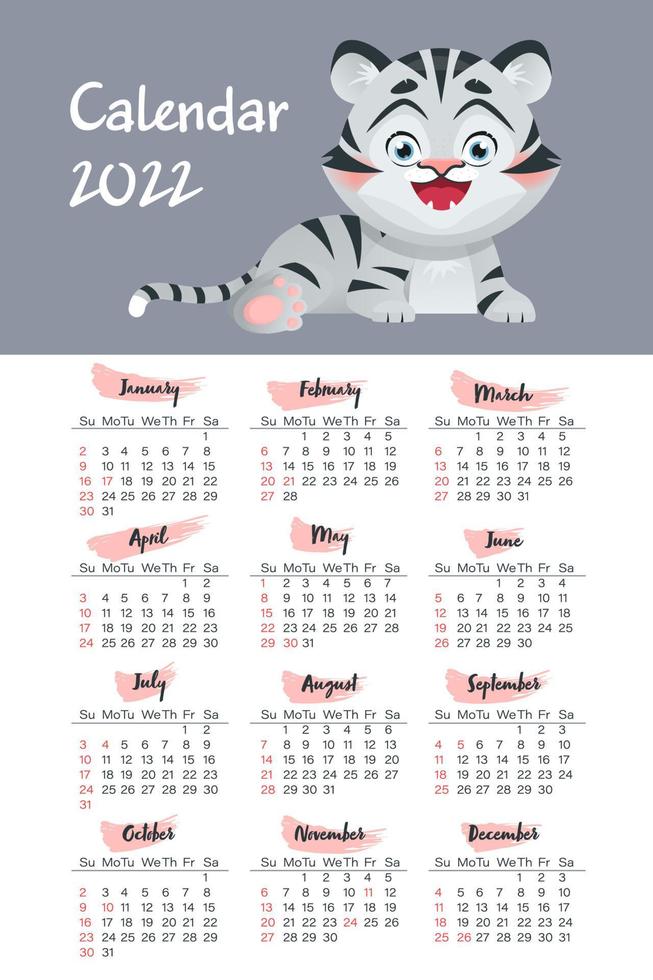 Calendario vertical 2022 para Estados Unidos con ilustración de tigre, año símbolo vector