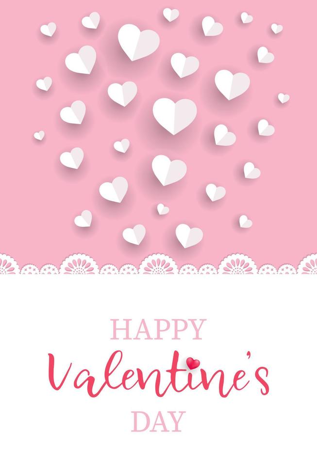 Happy Valentine s Day greeting card or banner with withe paper cut tape and hearts. Vector illustration