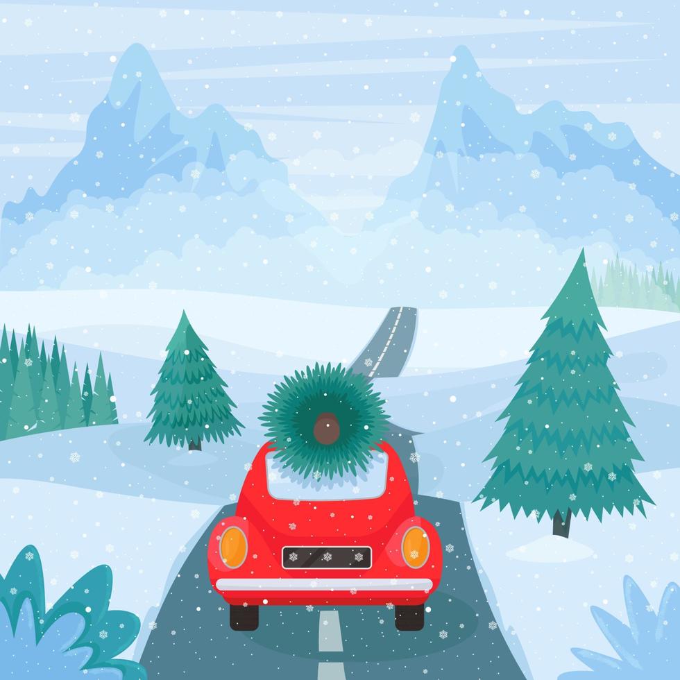 Retro car with Christmas tree on winter road landscape. Cute vector illustration in cartoon flat style