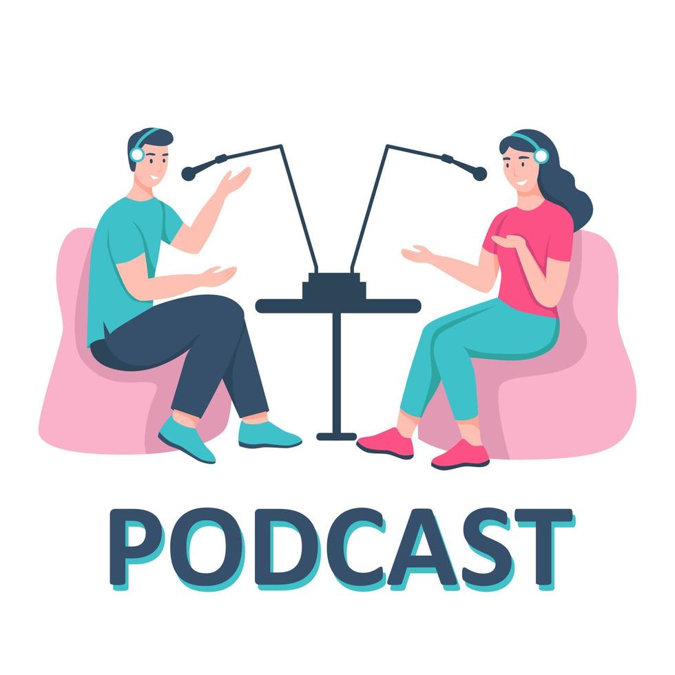 un joven y una mujer graban un podcast en el estudio. el concepto de podcast, programa de radio, audiolibro. ilustración vectorial de dibujos animados plana. vector