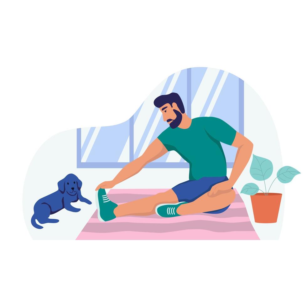 A young man does stretching exercises. Sports at home, a healthy lifestyle, quarantine. Flat vector illustration