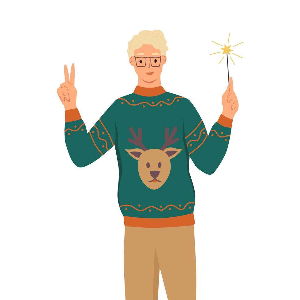 A man in an ugly sweater with a deer holding a sparkler.. A young boy celebrate the new year, Christmas. Flat cartoon vector illustration