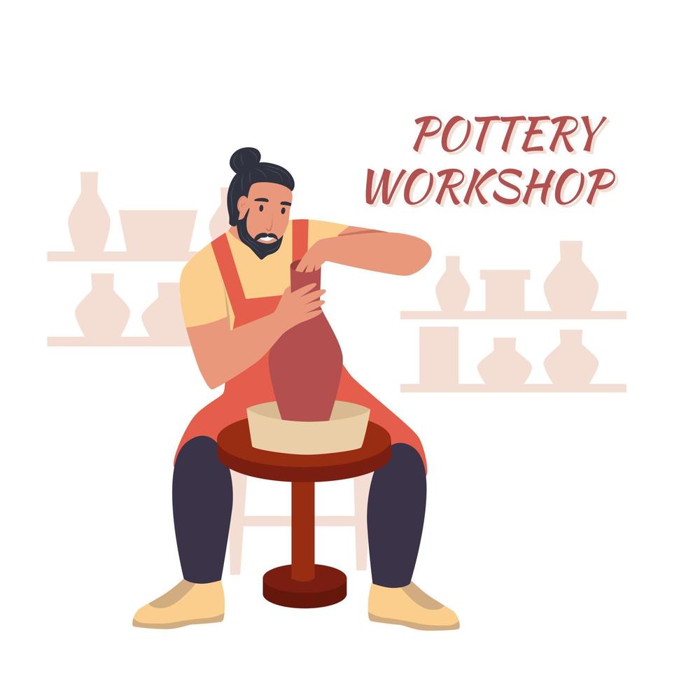 Pottery workshop. A young man makes a jug on a potter's wheel. Flat vector illustration