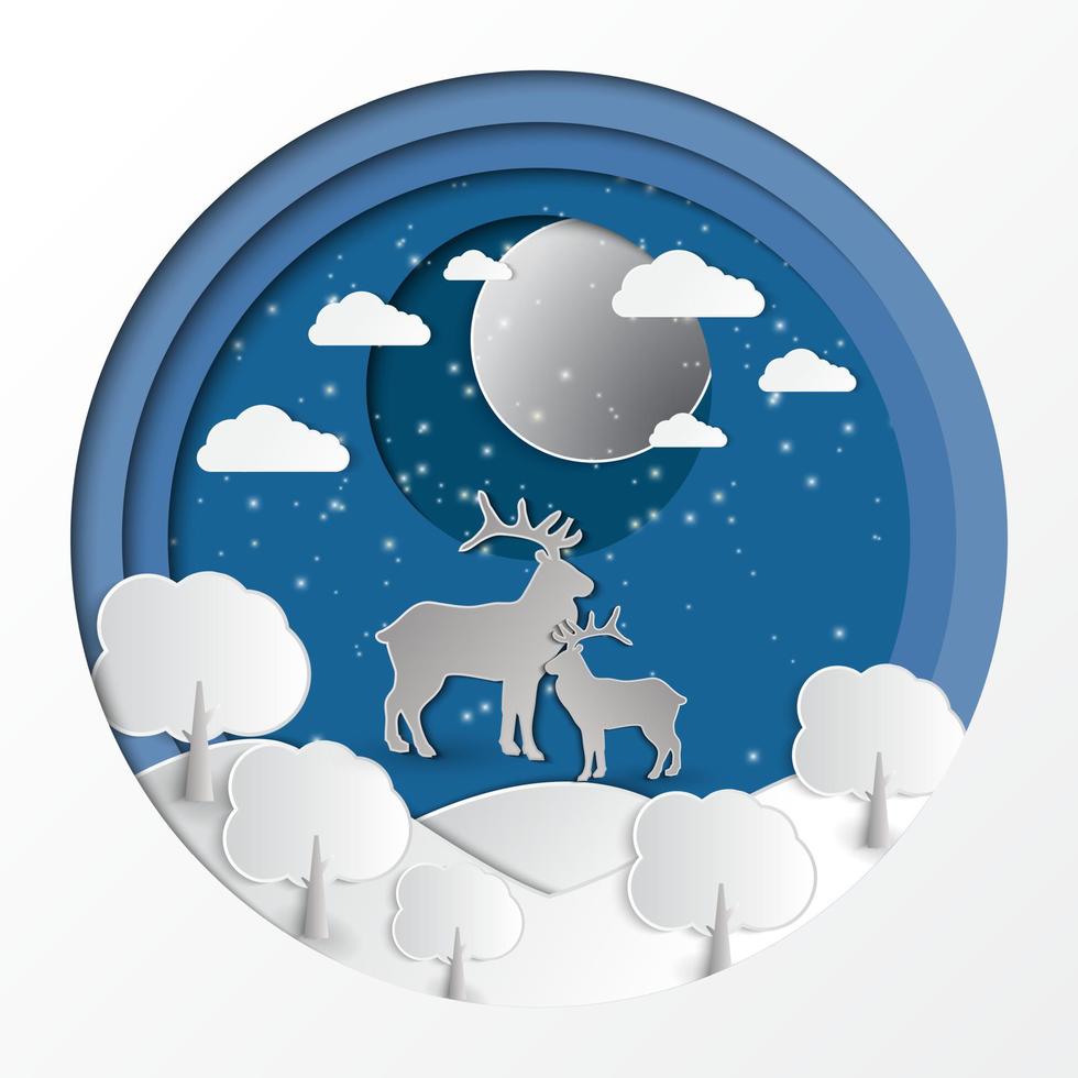 Deer in forest with snow on dark night vector