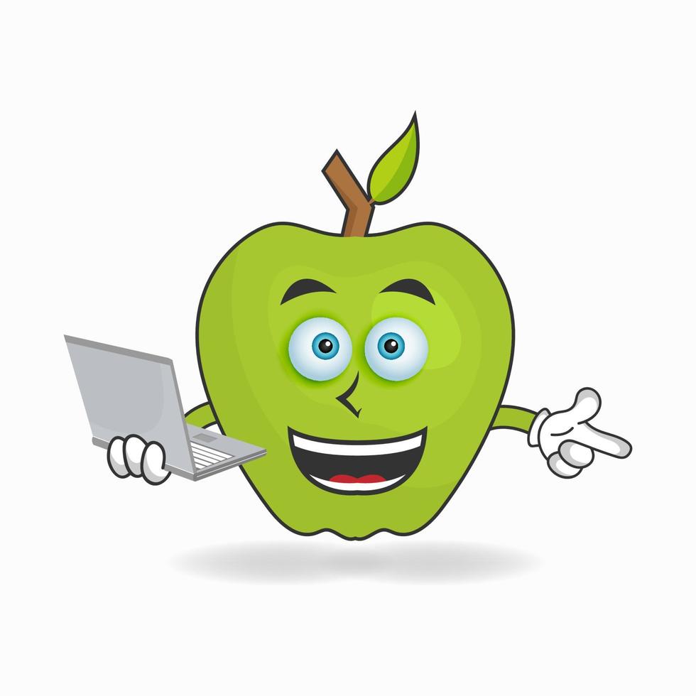 Apple mascot character with laptop in right hand. vector illustration