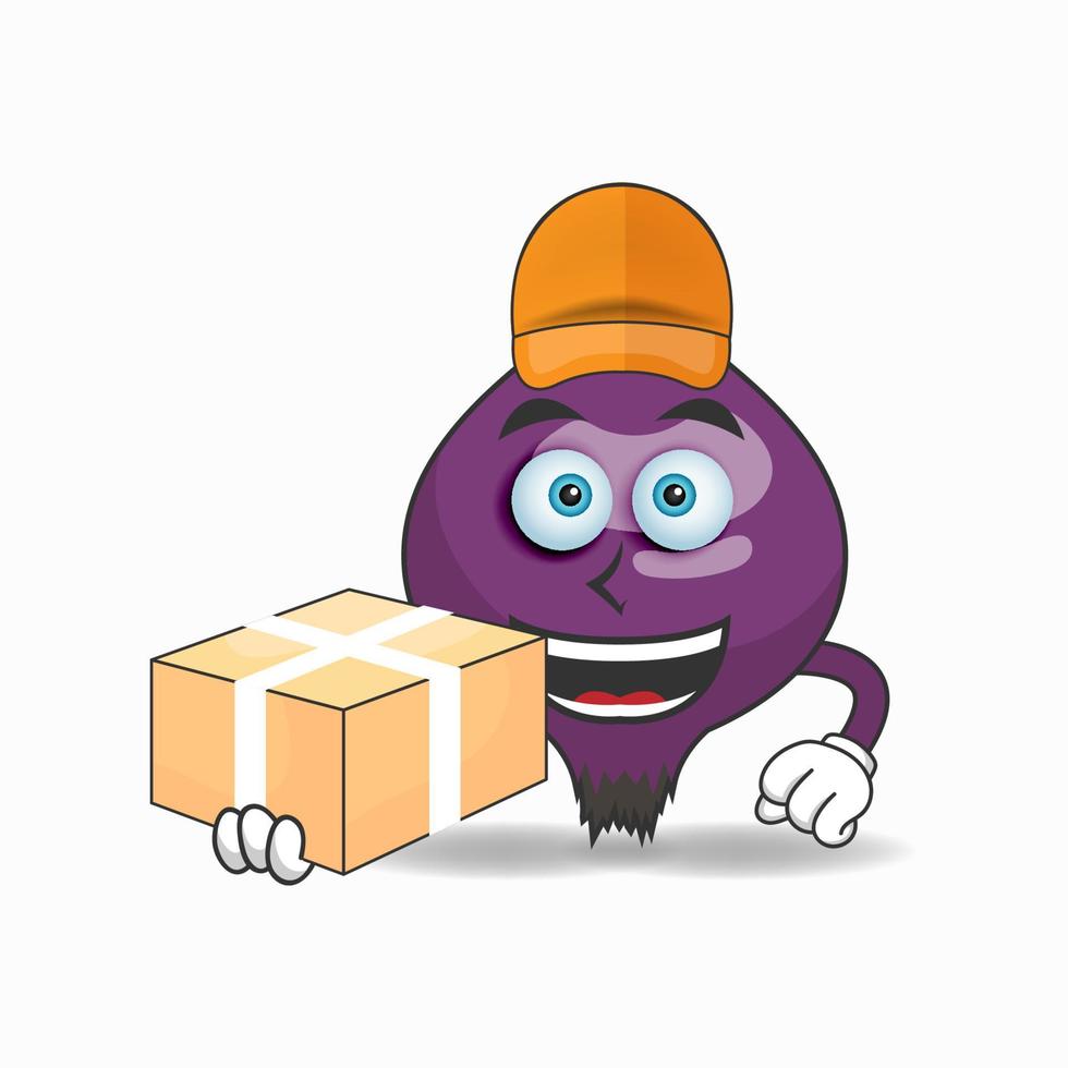 The Purple onion mascot character is a delivery person. vector illustration