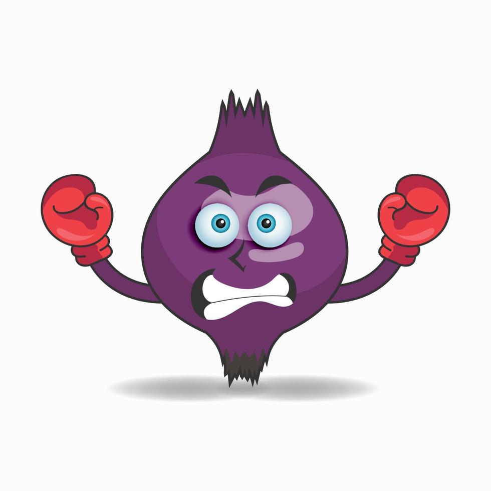 Personaje de mascota de cebolla morada con equipo de boxeo. ilustración vectorial vector