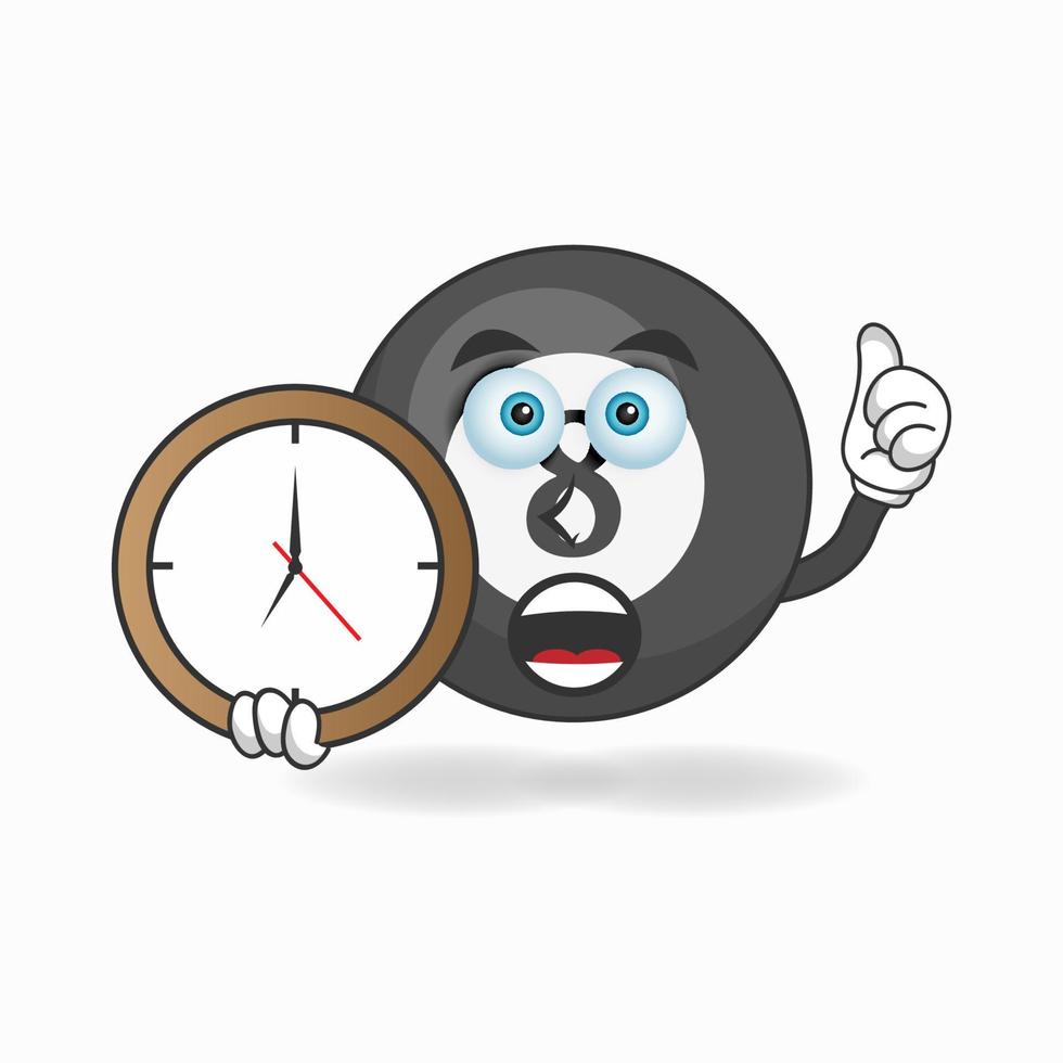 Billiard ball mascot character holding a wall clock. vector illustration