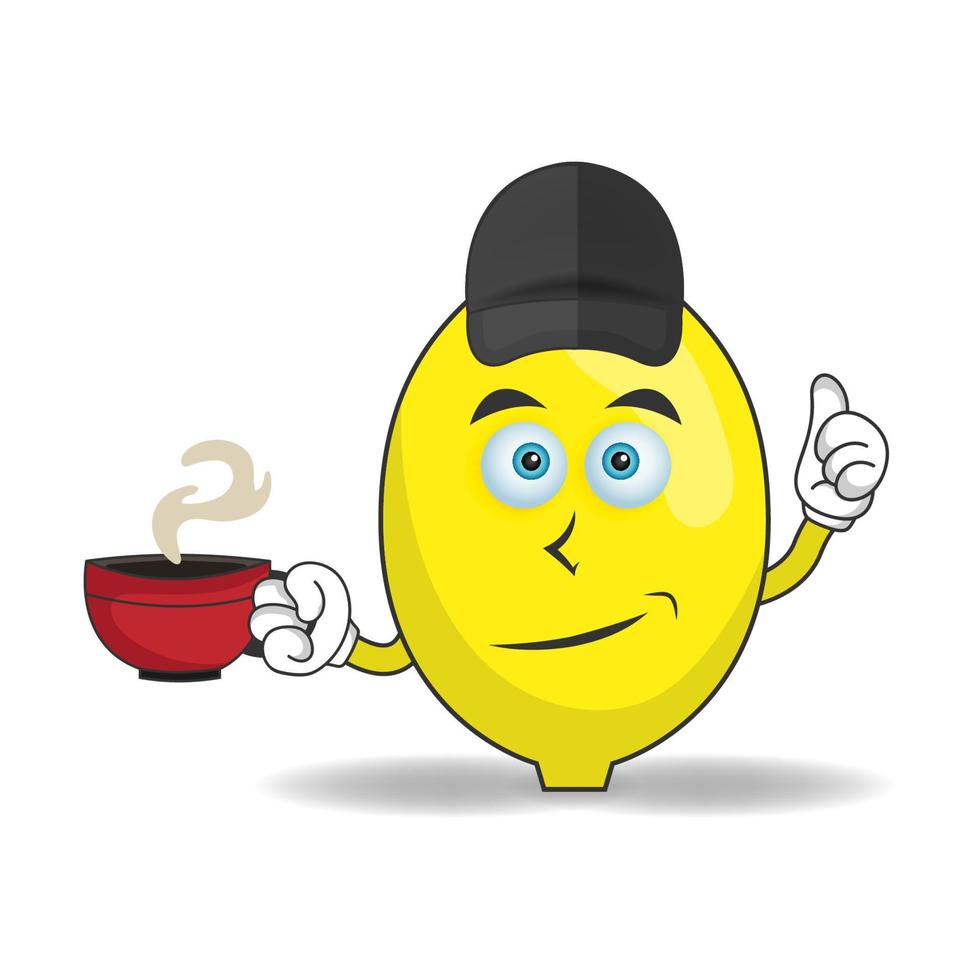 Lemon mascot character holding a hot cup of coffee. vector illustration