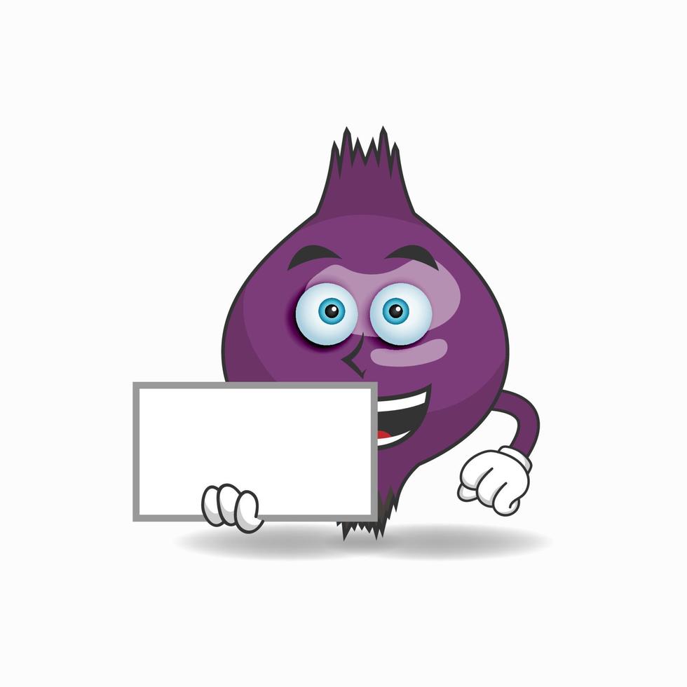 Purple onion mascot character holding a white blackboard. vector illustration