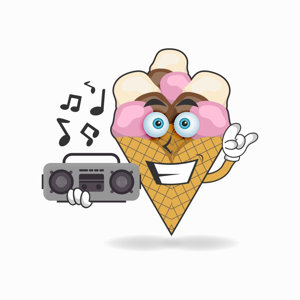Ice Cream mascot character holding a radio. vector illustration