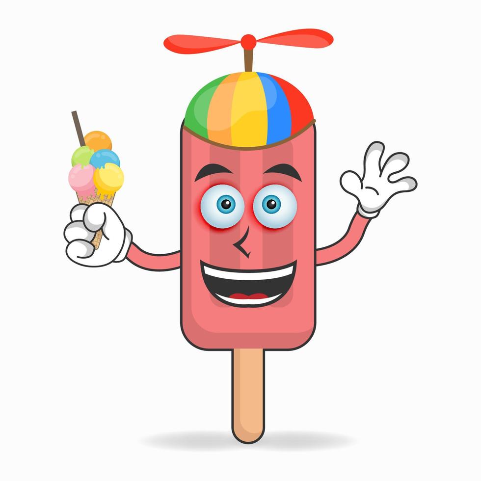 Personaje de mascota de helado rojo con helado rojo y sombrero colorido. ilustración vectorial vector