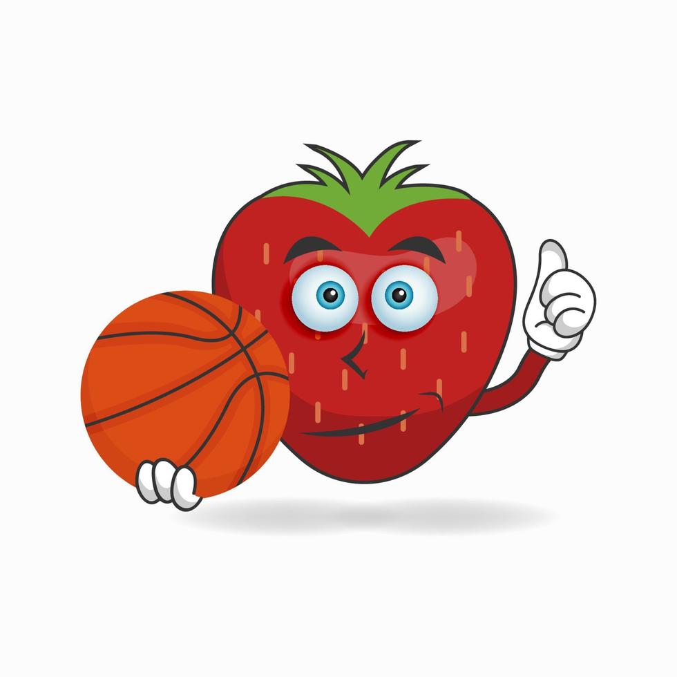 The Strawberry mascot character becomes a basketball player. vector illustration