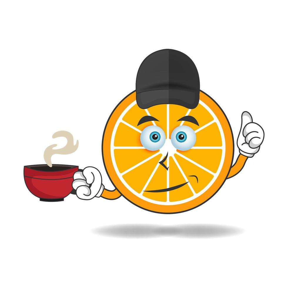 Orange mascot character holding a hot cup of coffee. vector illustration