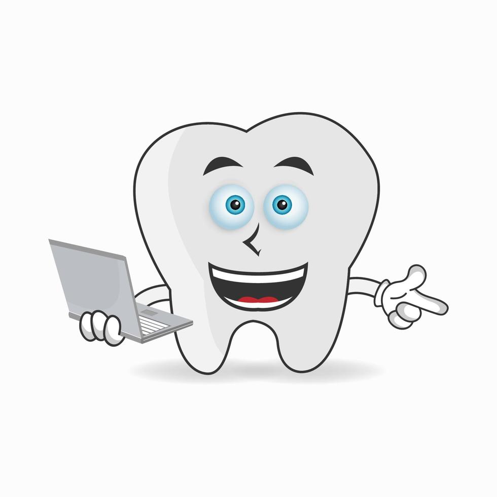 Tooth mascot character with laptop in right hand. vector illustration