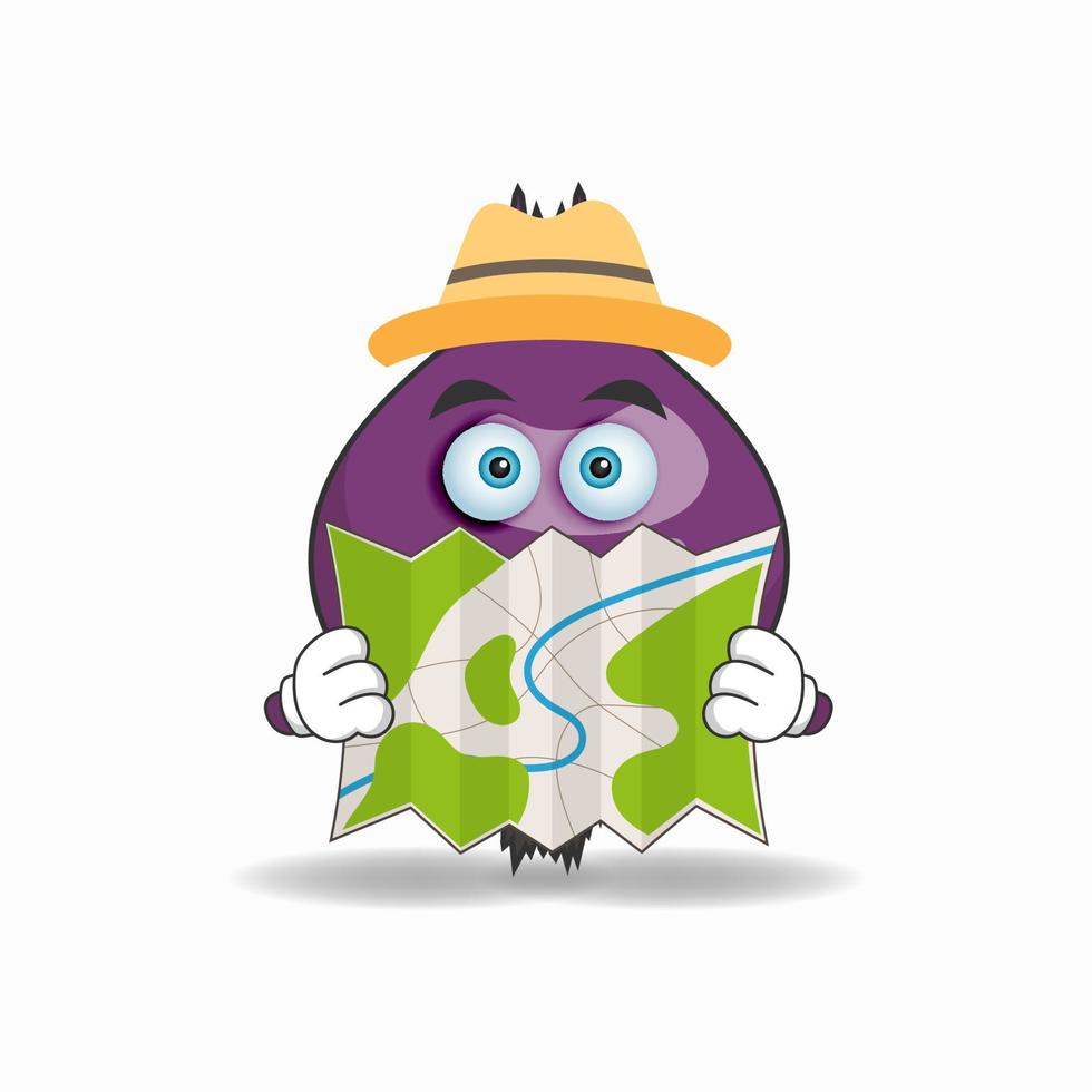 el personaje de la mascota de la cebolla morada sostiene un mapa. ilustración vectorial vector