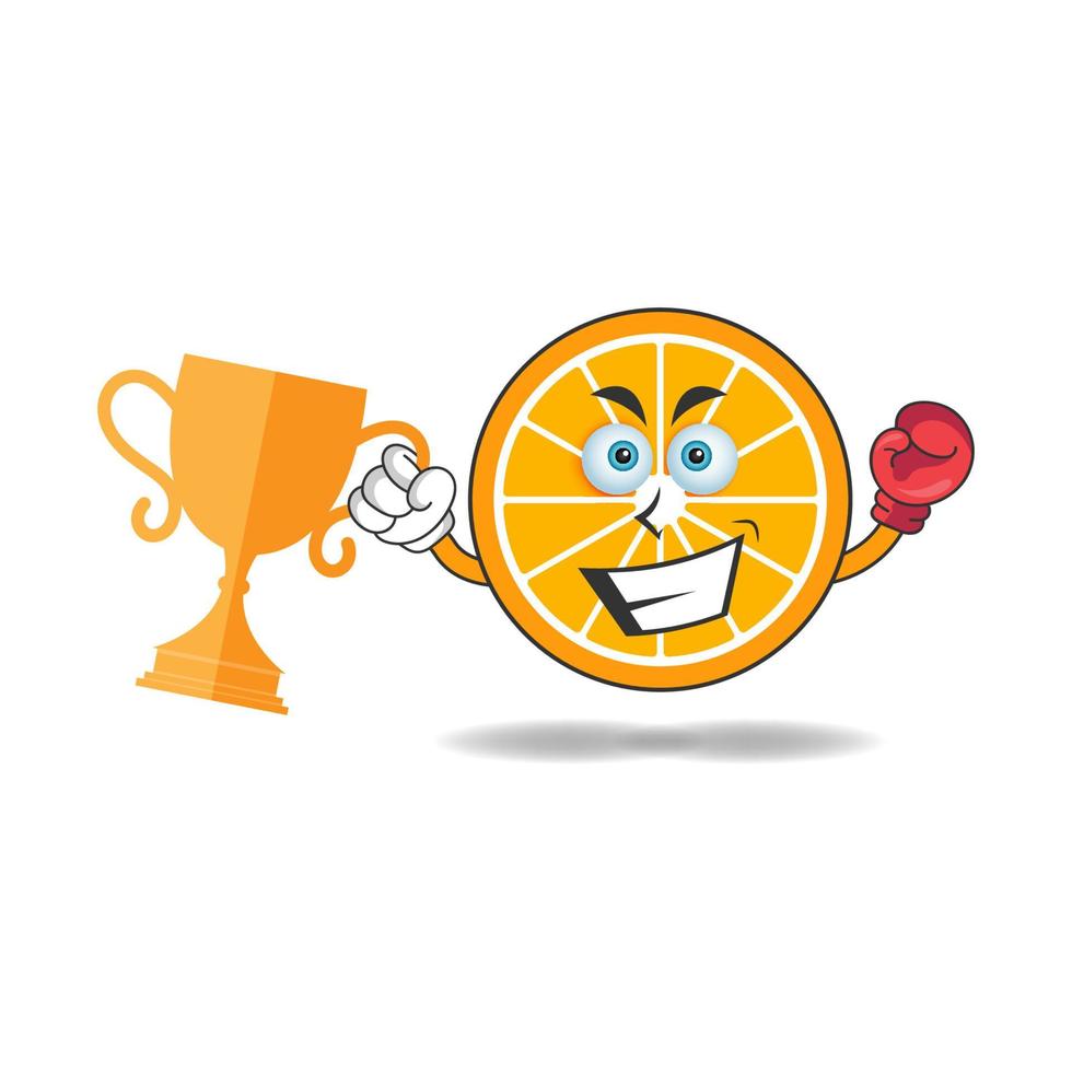 The Orange mascot character wins a boxing trophy. vector illustration
