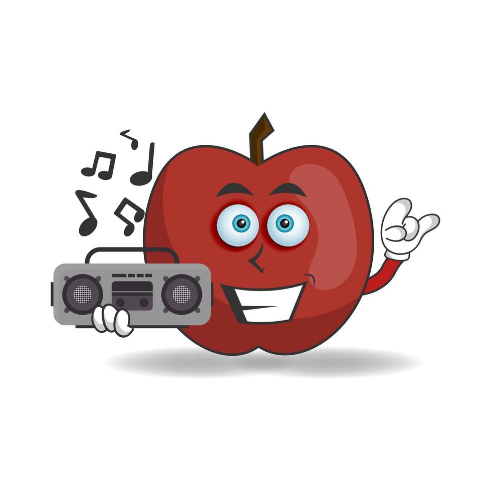 personaje de mascota de manzana sosteniendo una radio. ilustración vectorial vector