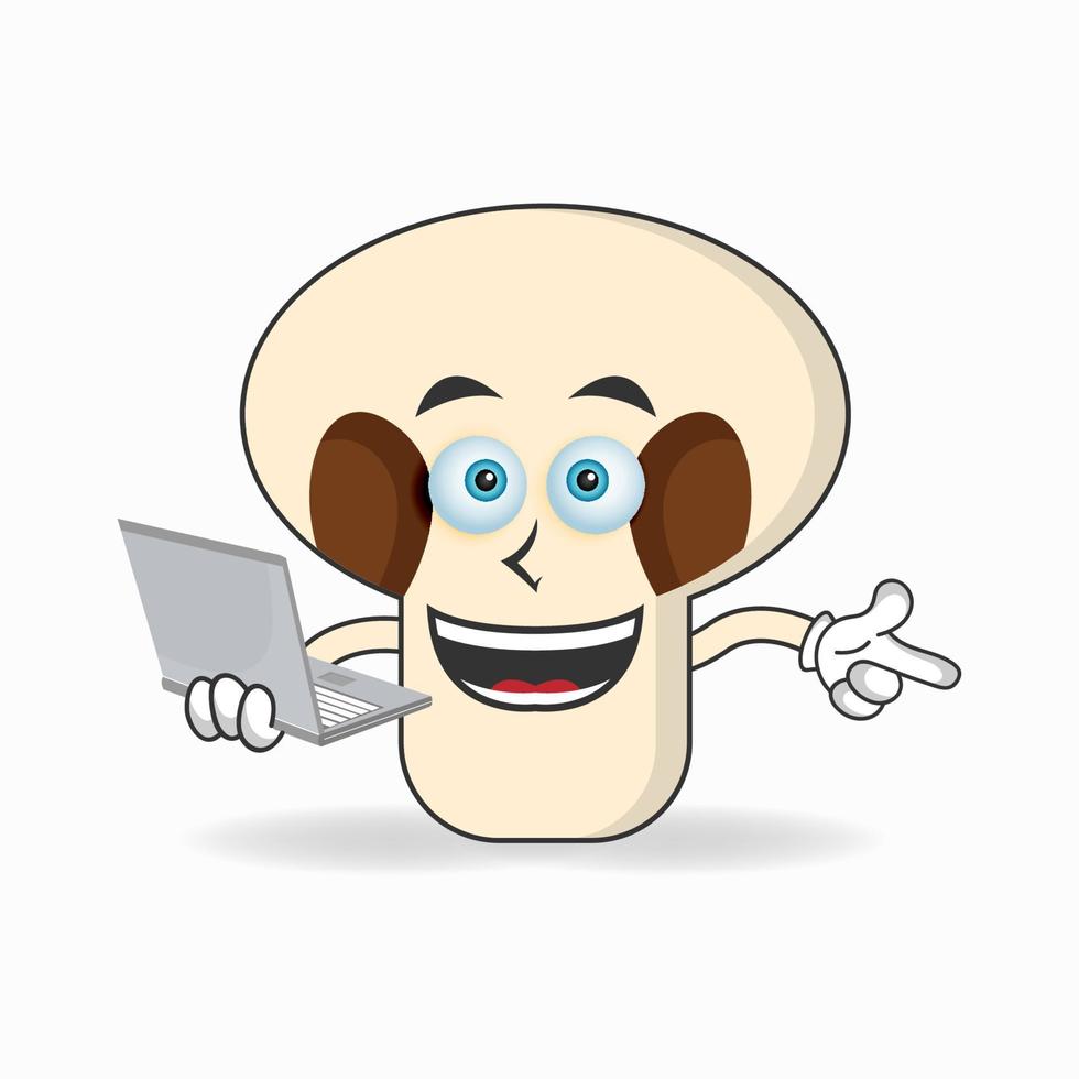 mushrooms mascot character with laptop in right hand. vector illustration