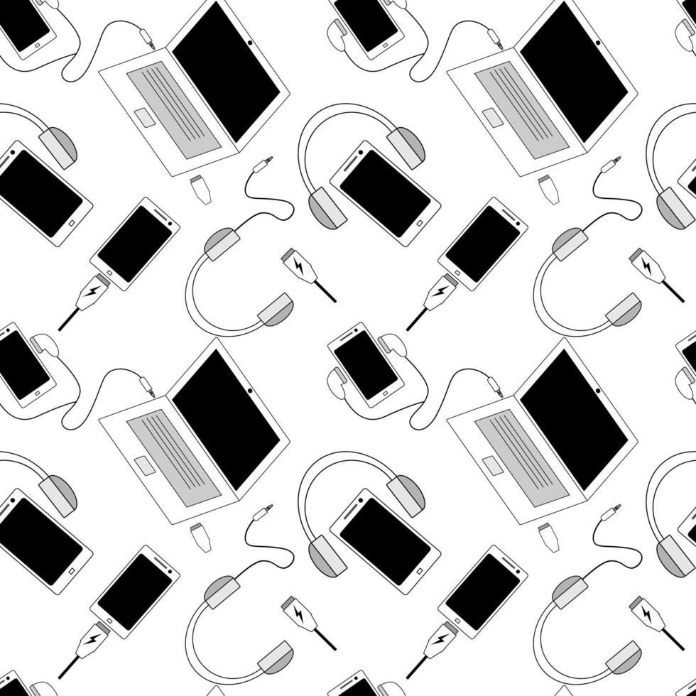 seamless pattern design communication equipment, cellphone, laptop, charger. white and black texture. white background. modern communication technology wallpapers vector