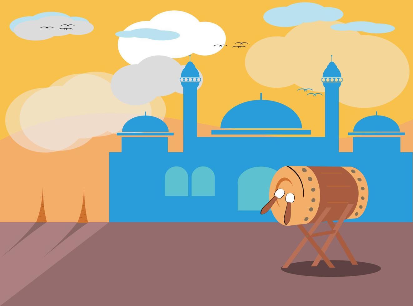 Flat illustration of mosque and drum design for the celebration of Islamic holidays. vector