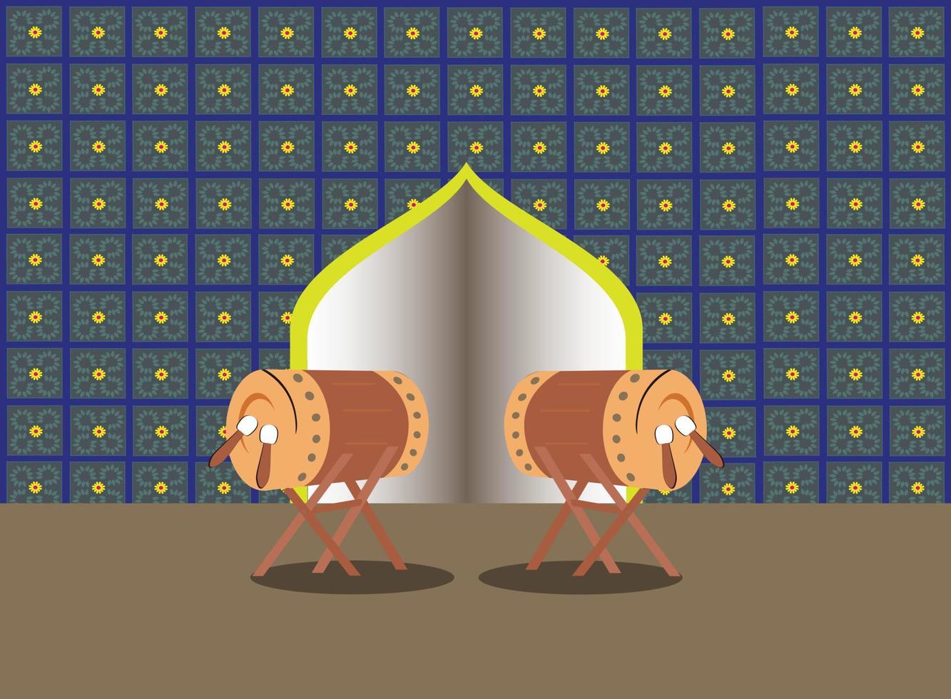 Ilustración plana del diseño de la mezquita y el tambor para la celebración de las fiestas islámicas. vector