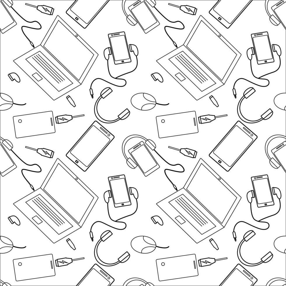 seamless pattern design communication equipment, cellphone, laptop, charger. white and black texture. white background. modern communication technology wallpapers vector