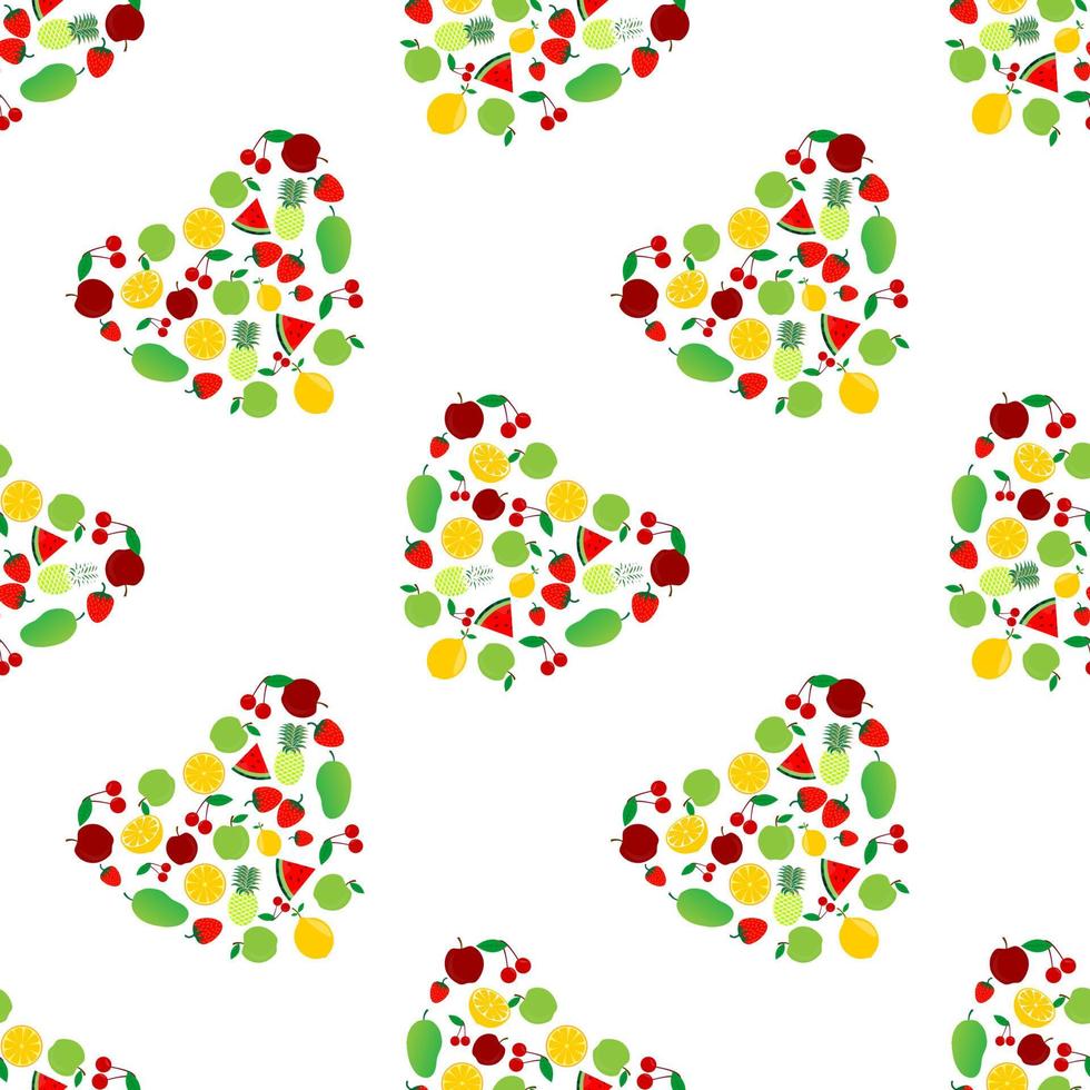 diseños de patrones sin fisuras de manzanas, piñas, naranjas, sandías, limones, fresas dispuestas en forma de corazón de amor. Fondo blanco. diseños de papel tapiz de frutas modernos y listos para imprimir. vector