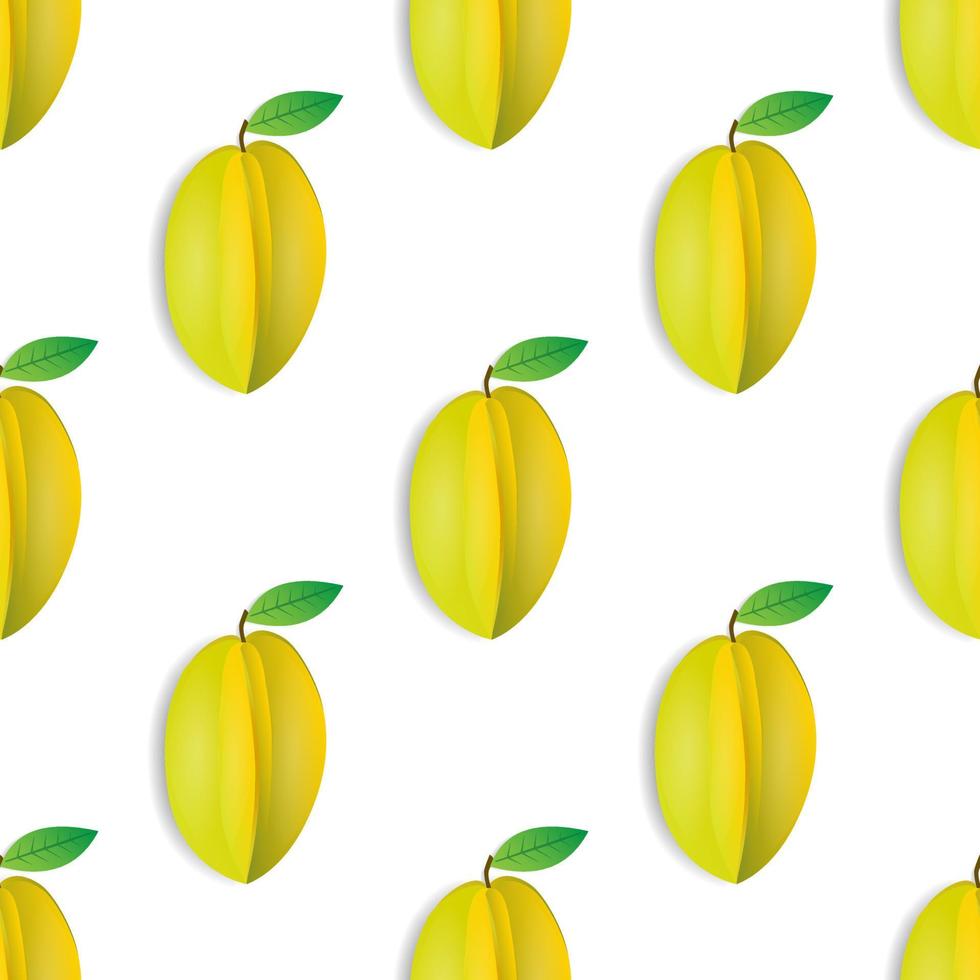 Seamless pattern design of yellow star fruit and green leaves. on a white background. modern and print ready fruit wallpaper on fabric. vector illustration