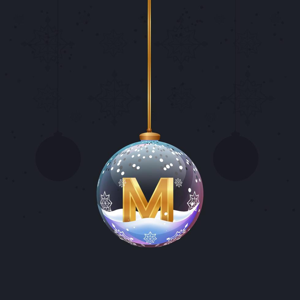 New year alphabet. Christmas  toy with a golden 3D letter M inside. Fir decoration. Element for design banner, calendar or any advertising vector